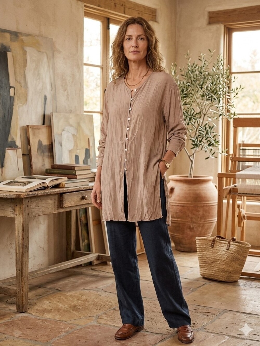 Vintage Silk Button Front Relaxed Fit Tunic Top Light Brown Color